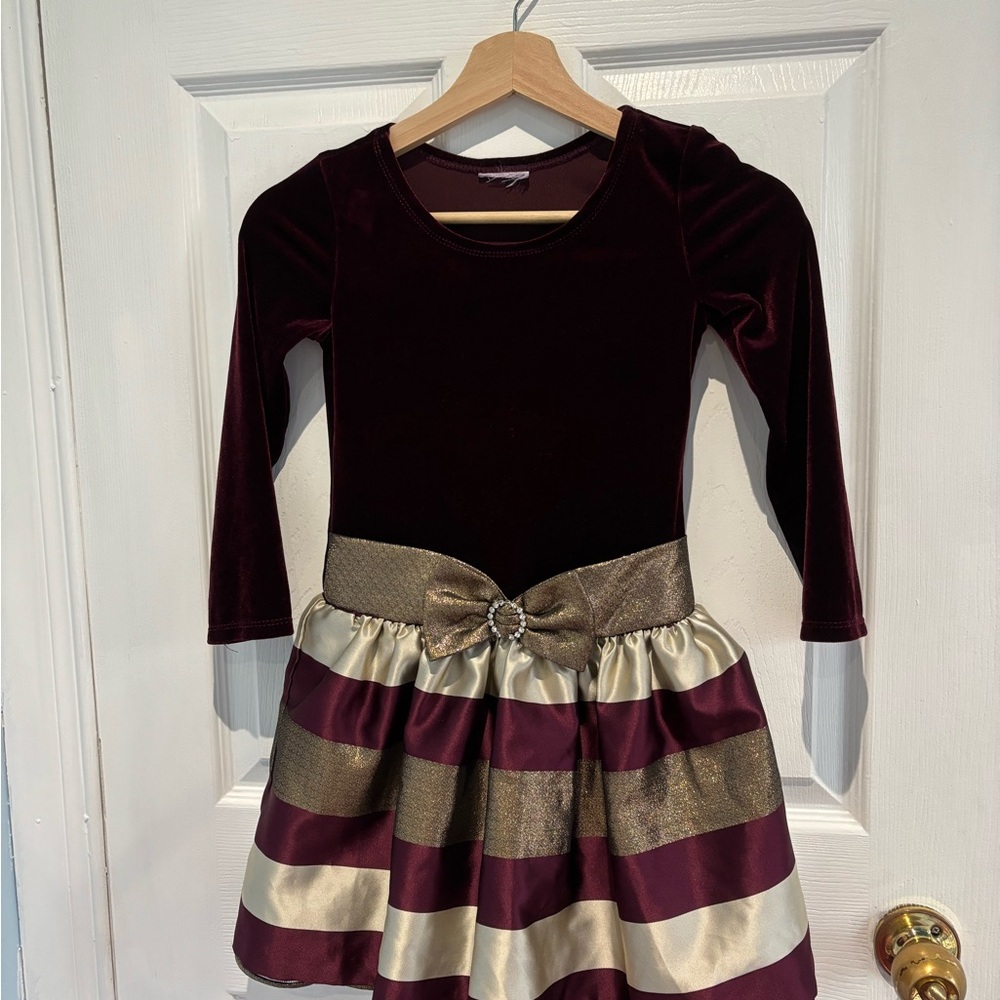Burgundy and Gold Striped Dress with Bow